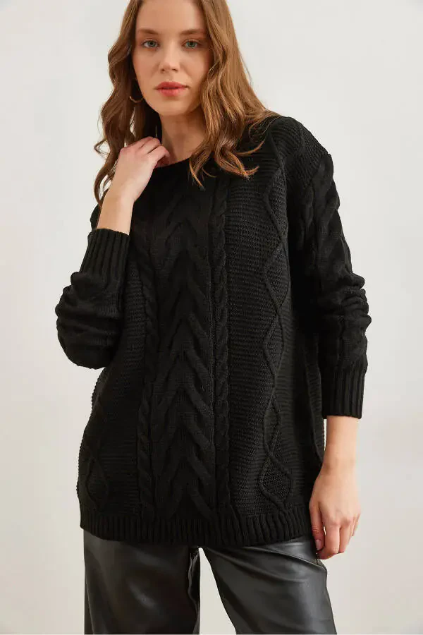Women's Black Cable Knit Sweater with Front Braid Detail KZK-19000831 - 1