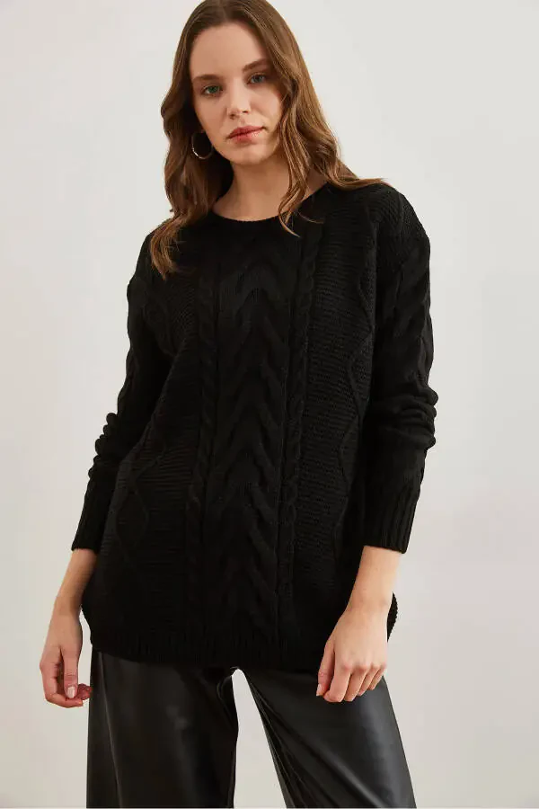 Women's Black Cable Knit Sweater with Front Braid Detail KZK-19000831 - 2