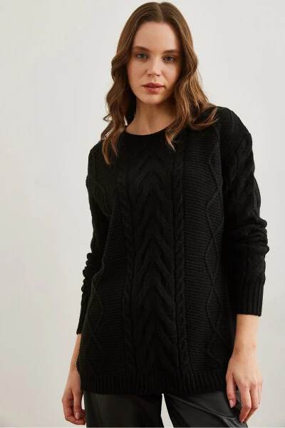 Women's Black Cable Knit Sweater with Front Braid Detail KZK-19000831 - 3