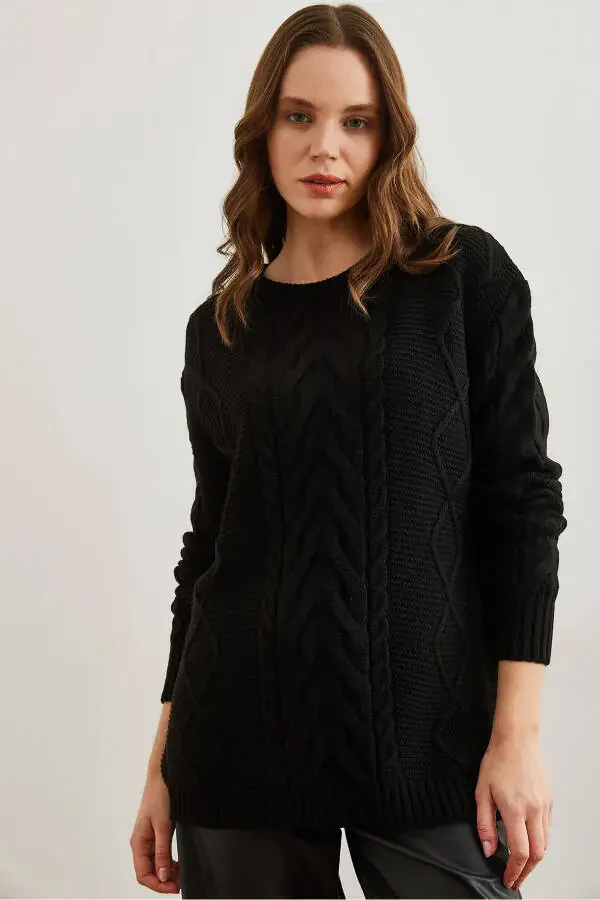 Women's Black Cable Knit Sweater with Front Braid Detail KZK-19000831 - 3