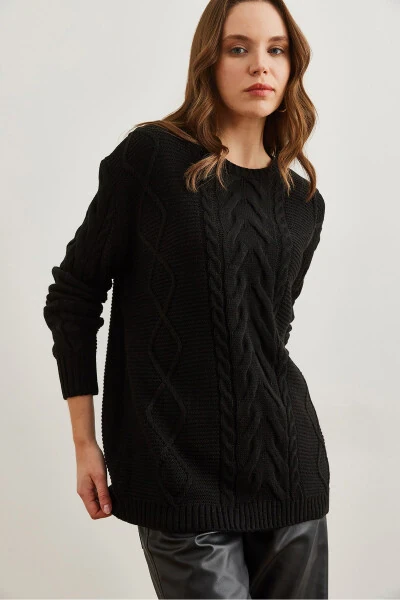 Women's Black Cable Knit Sweater with Front Braid Detail KZK-19000831 - 4