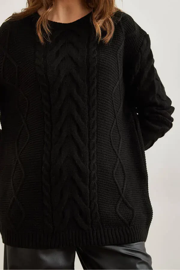 Women's Black Cable Knit Sweater with Front Braid Detail KZK-19000831 - 5