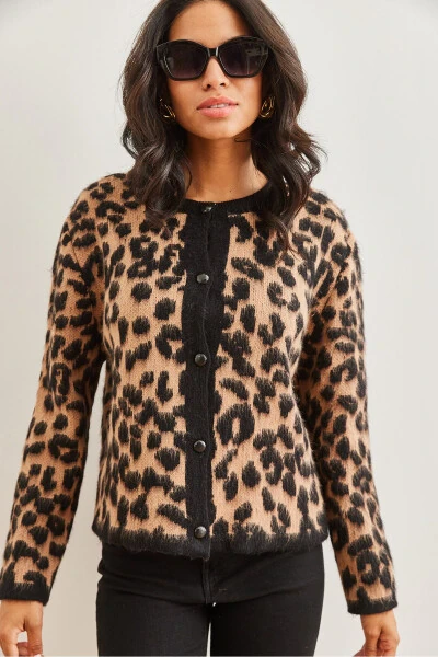 Women's Black Camel Buttoned Thistle Knitted Leopard Cardigan - OLALOOK