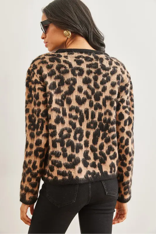Women's Black Camel Buttoned Thistle Knitted Leopard Cardigan - 4