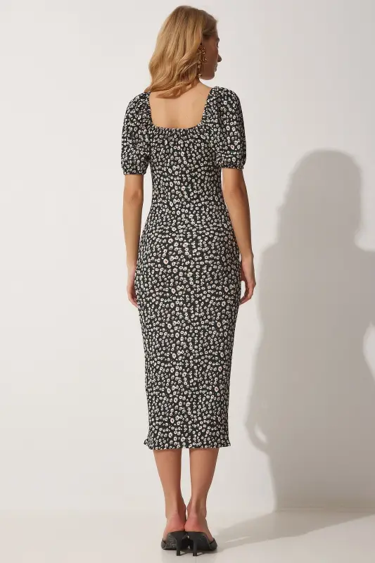 Women's Black Carmen Collar Slit Summer Knitted Dress FF00113-Black - 4