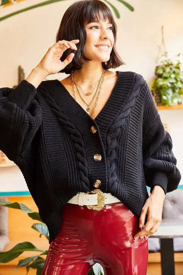 Womens Black Chunky Cable Knit Cardigan HRK-19000082 - 1