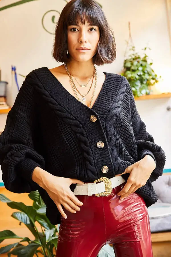 Womens Black Chunky Cable Knit Cardigan HRK-19000082 - 2