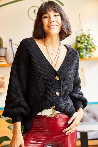 Womens Black Chunky Cable Knit Cardigan HRK-19000082 - 4