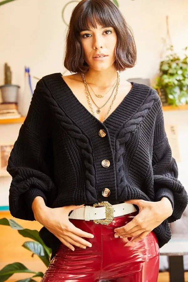 Womens Black Chunky Cable Knit Cardigan HRK-19000082 - 5