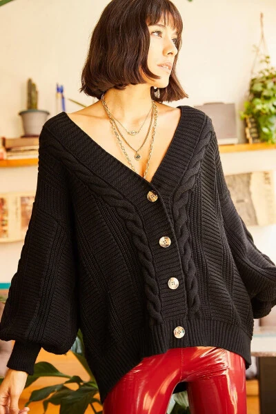 Womens Black Chunky Cable Knit Cardigan HRK-19000082 - 7