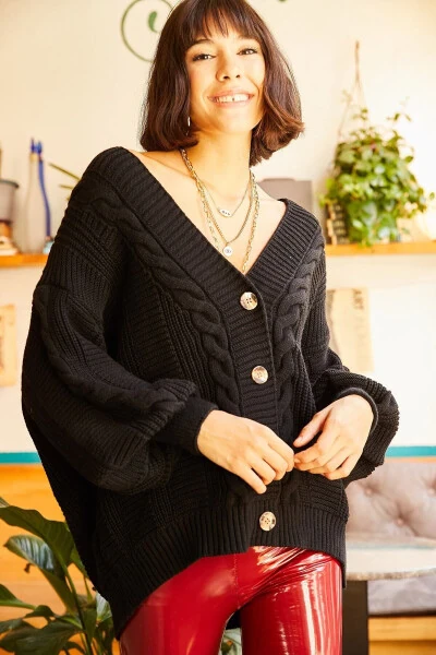 Womens Black Chunky Cable Knit Cardigan HRK-19000082 - 8