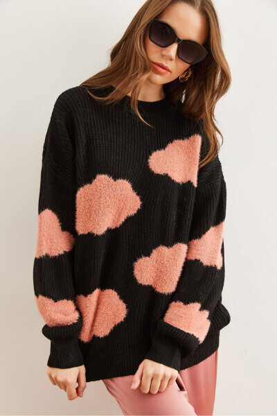Women's Black Cloud Detailed Soft Textured Knitted Sweater KZK-19000857 