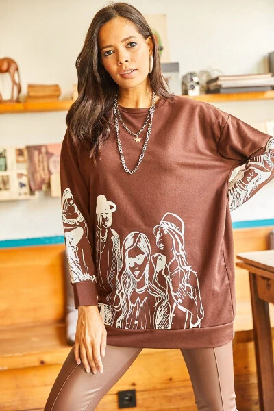 Women's Black Coffee Figured Oversize Sweatshirt SWT-19000452 - 2
