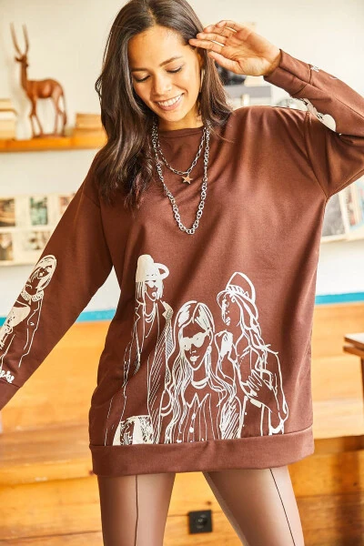 Women's Black Coffee Figured Oversize Sweatshirt SWT-19000452 - 3