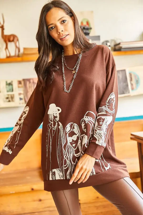 Women's Black Coffee Figured Oversize Sweatshirt SWT-19000452 - 5