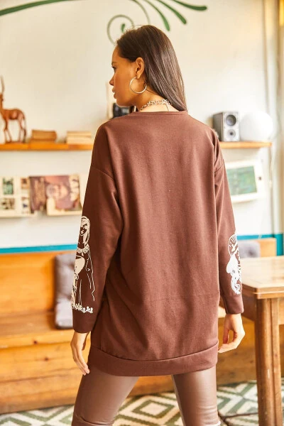 Women's Black Coffee Figured Oversize Sweatshirt SWT-19000452 - 6