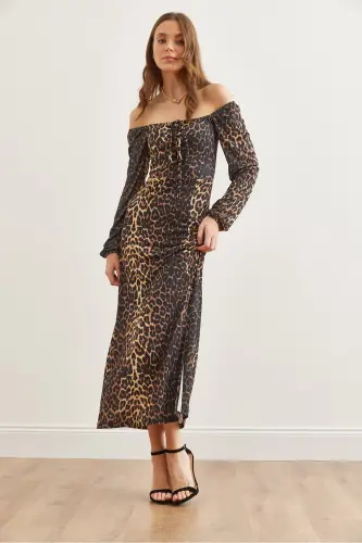 Women's Black Coffee Lace Detailed Slit Maxi Dress - 4