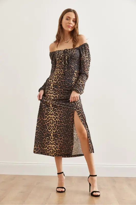 Women's Black Coffee Lace Detailed Slit Maxi Dress - 5
