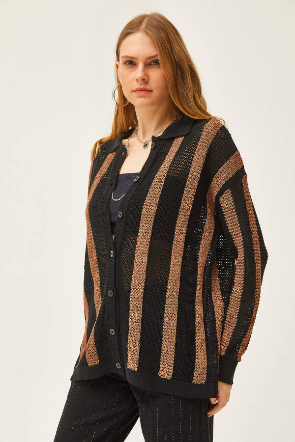 Women's Black Coffee Striped Lace Seasonal Shirt GML-19001172 - 3