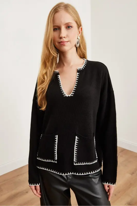 Women's Black Collar and Pocket Detailed Knitted Sweater KZK-19000810-Black - 2