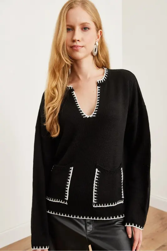Women's Black Collar and Pocket Detailed Knitted Sweater KZK-19000810-Black - 4