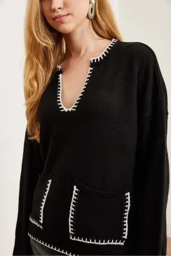 Women's Black Collar and Pocket Detailed Knitted Sweater KZK-19000810-Black - 5
