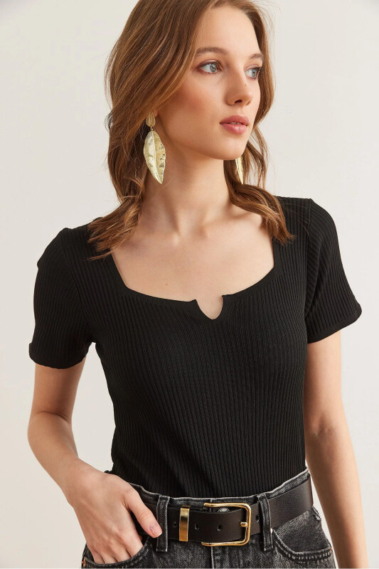 Women's Black Collar and Sleeveless Detailed Knitted Blouse - OLALOOK