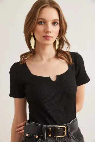 Women's Black Collar and Sleeveless Detailed Knitted Blouse - 4