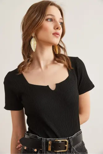 Women's Black Collar and Sleeveless Detailed Knitted Blouse - 5