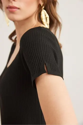 Women's Black Collar and Sleeveless Detailed Knitted Blouse - 6