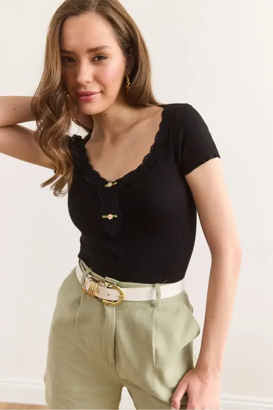 Women's Black Collar Detailed Crop Ribbed Blouse BLZ-19 - 9
