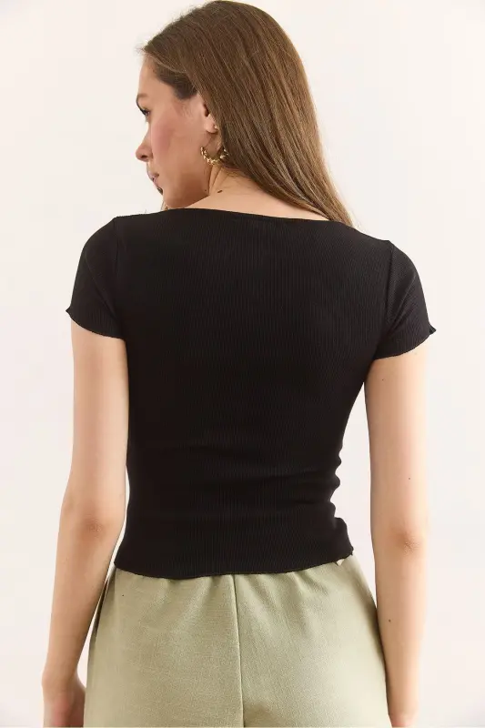 Women's Black Collar Detailed Crop Ribbed Blouse BLZ-19 - 2