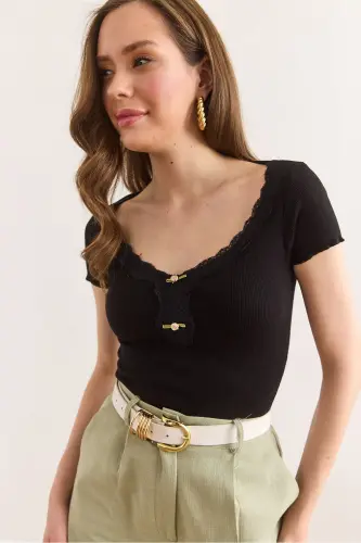 Women's Black Collar Detailed Crop Ribbed Blouse BLZ-19 - 3