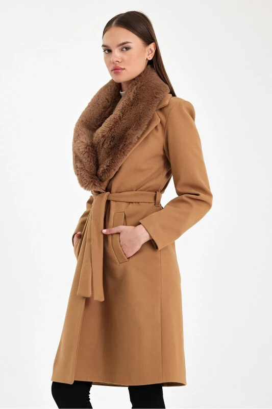 Women's black collar fur cashmere coat - MADAME MELEK