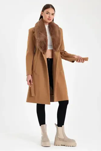 Women's black collar fur cashmere coat - MADAME MELEK (1)