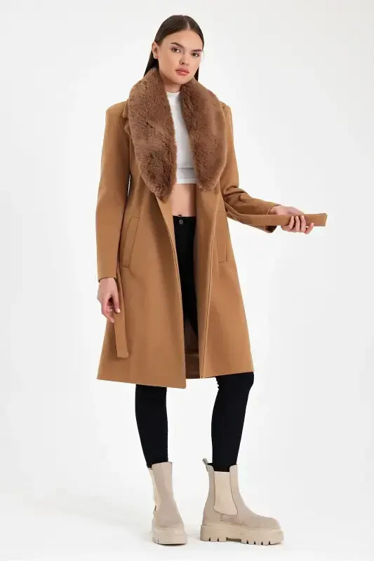 Women's black collar fur cashmere coat - 2