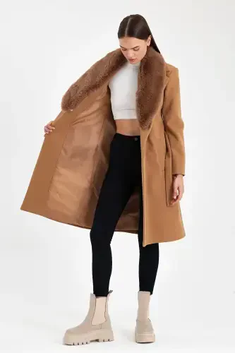 Women's black collar fur cashmere coat - 4