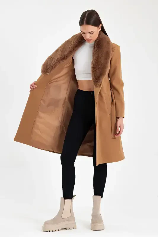 Women's black collar fur cashmere coat - 4