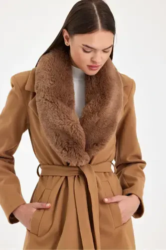 Women's black collar fur cashmere coat - 5