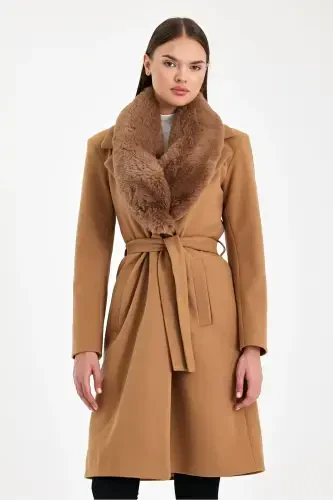 Women's black collar fur cashmere coat - 6