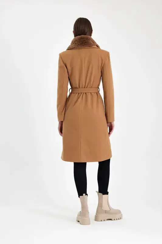 Women's black collar fur cashmere coat - 7