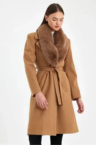 Women's black collar fur cashmere coat - 8