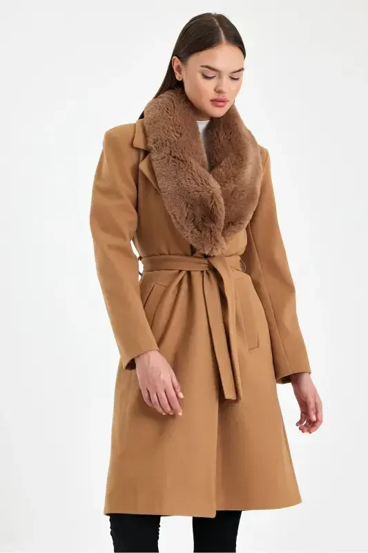 Women's black collar fur cashmere coat - 8