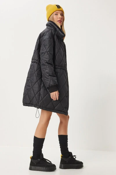 Women's Black Collar Fur Quilted Coat PYS0030 - HAPPINESS İSTANBUL (1)