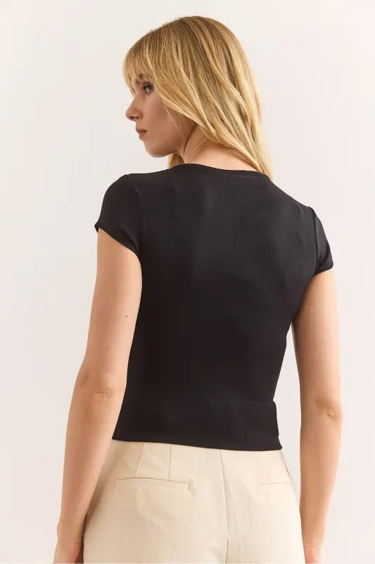 Women's Black Collar Stone Detailed Soft Textured T-Shirt - 2