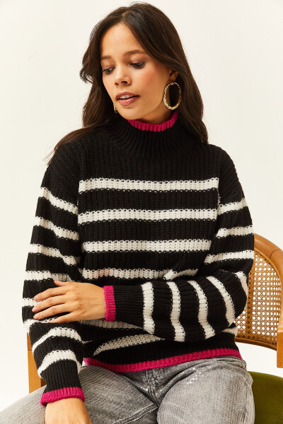 Women's Black Collared and Skirt Striped Knitted Sweater KZK-19000713 - 2