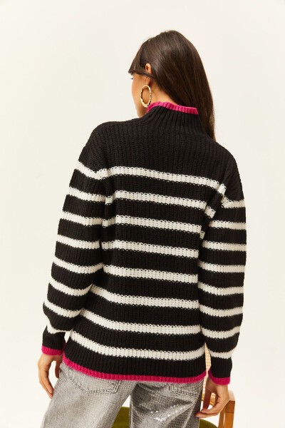 Women's Black Collared and Skirt Striped Knitted Sweater KZK-19000713 - 4