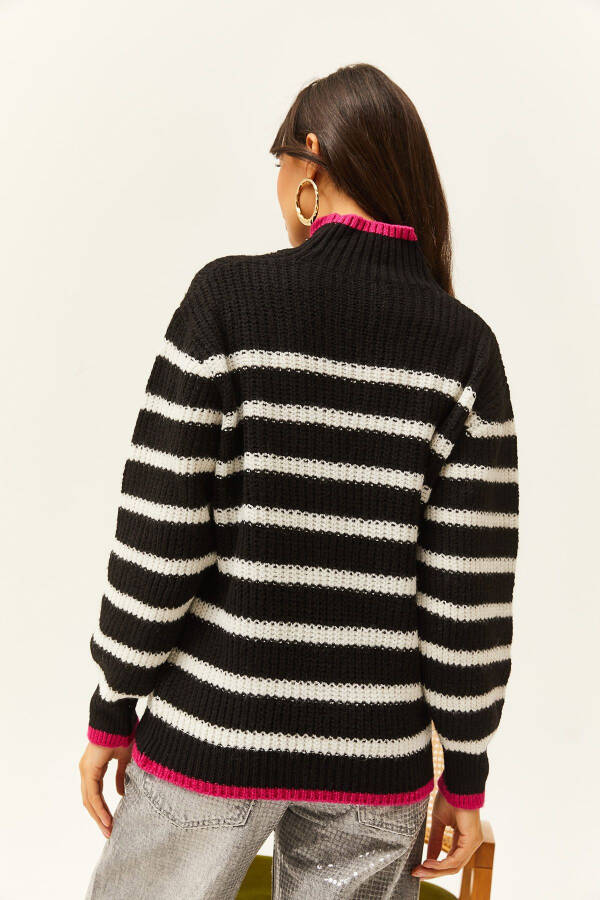 Women's Black Collared and Skirt Striped Knitted Sweater KZK-19000713 - 4