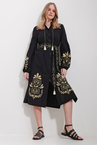 Women's Black Collared Belt Double Slit Linen Dress ALC-X11570 - TREND ALAÇATI STILI (1)