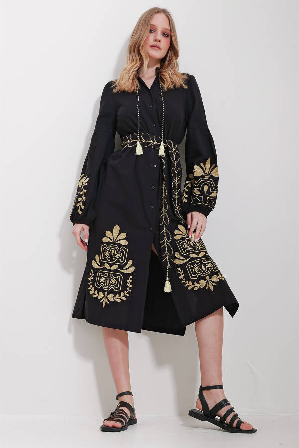 Women's Black Collared Belt Double Slit Linen Dress ALC-X11570 - 2